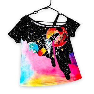 New Woman’s Artistic Galaxy Rainbow Pour Paint Bucket Unique Cold Shoulder Tee